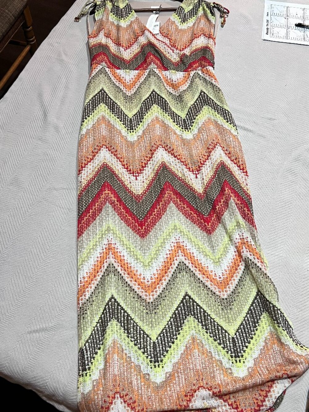 CHICO'S Cap Sleeve Surplice V-Neck Empire Maxi Dress Multi-Color Chevron Size 1